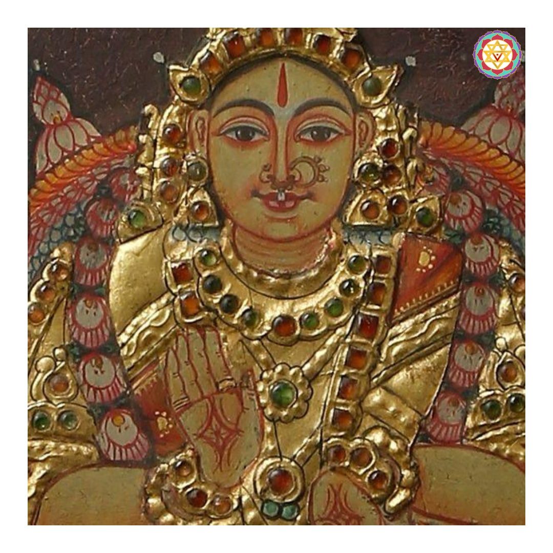 Close-up of Lakshmi’s face and jewelry in traditional Tanjore style