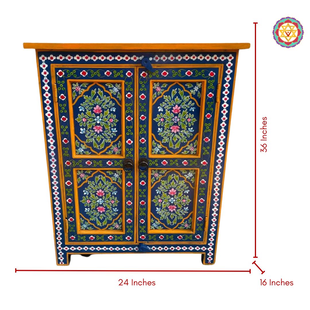 top and side view of floral hand-painted wooden cabinet