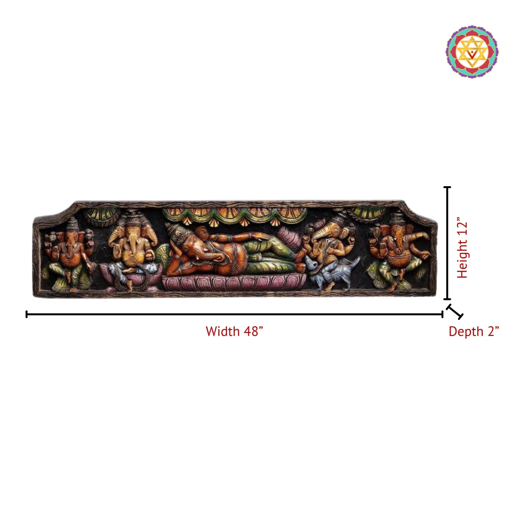 48” Handcrafted Wooden Resting Ganesha Panel with Dancing Ganesha & Other Forms