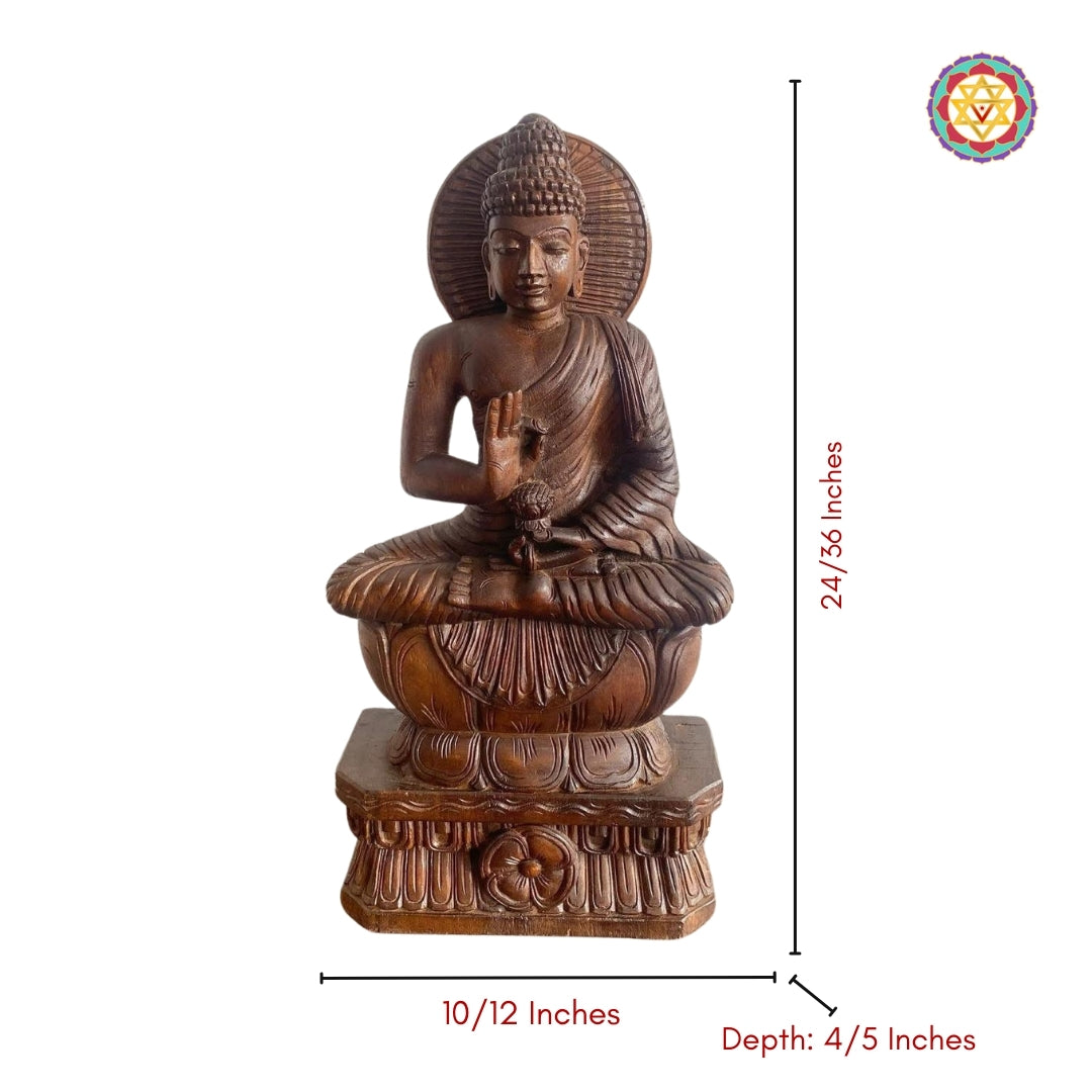 artistic close-up of carved wooden buddha with fine detailing