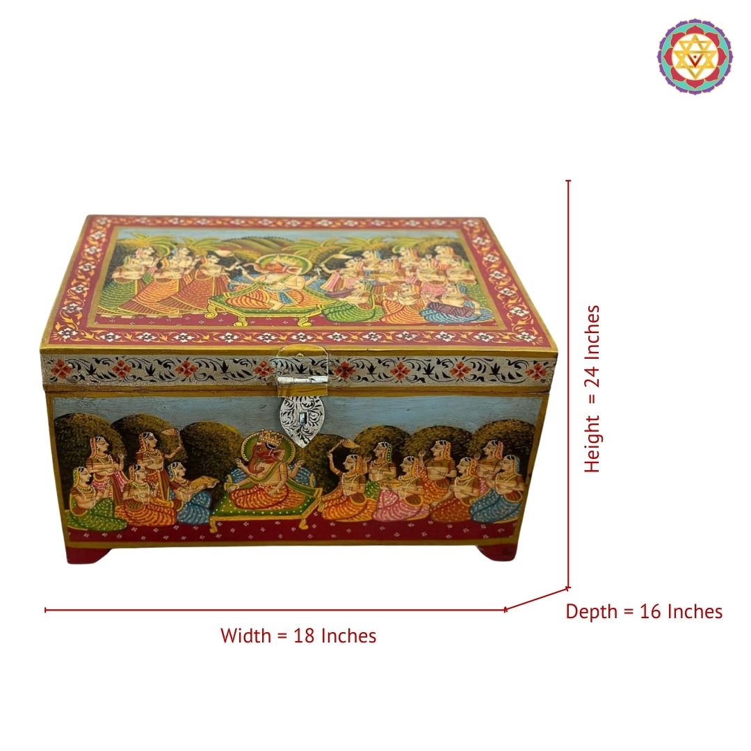 Interior view of Pichwai storage box with handpainted detailing