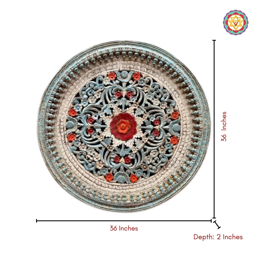 Flat lay of hand-carved jali wall panel in circular shape