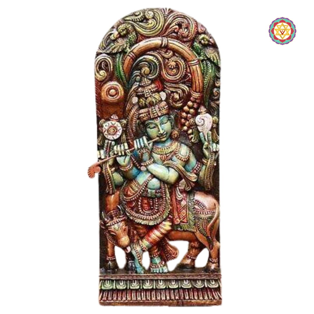 Wooden Hand Carved Lord Krishna Standing Under Canopy with Cow Statue