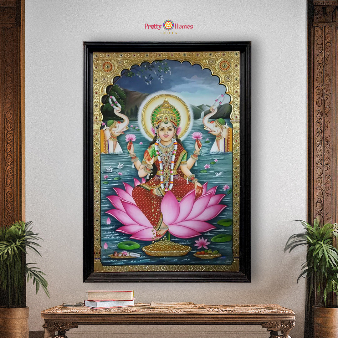 Handmade Tanjore Painting of Dhan Lakshmi with Elephants – Real Gold Foil Devotional Art for Sacred Interiors