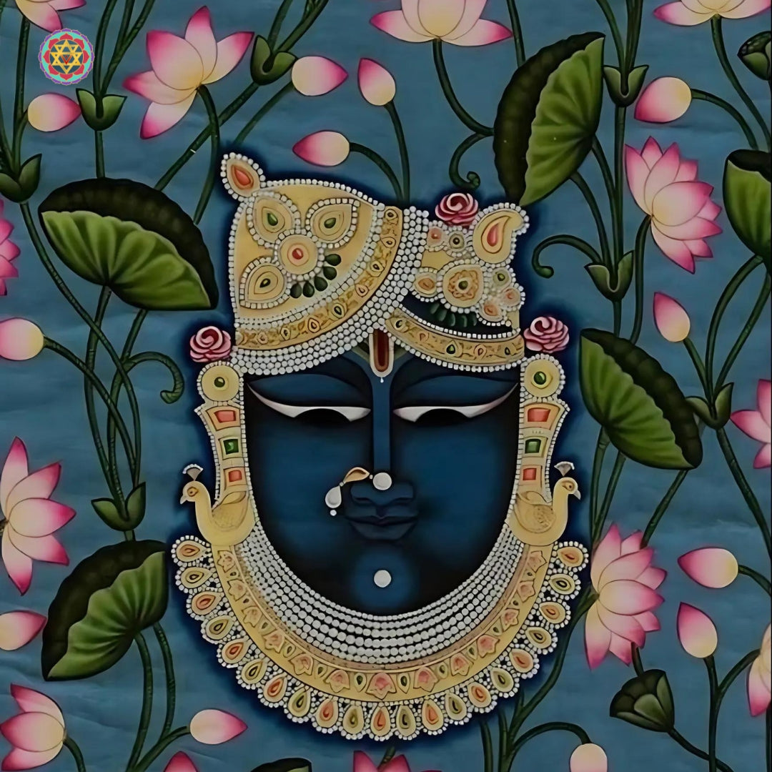 Pastoral Pichwai scene of Krishna with cowherds in colorful village environment