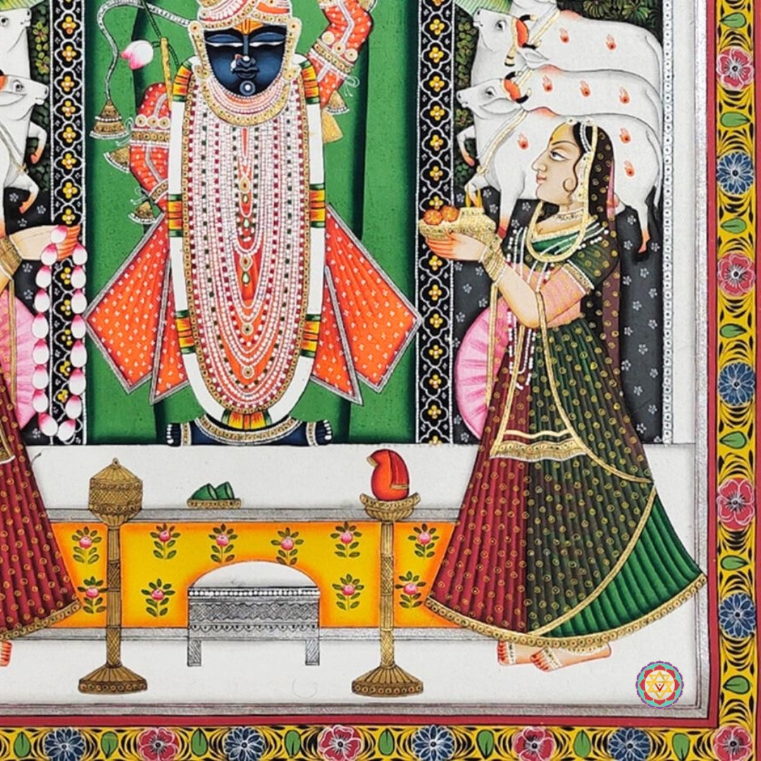 Floral Pichwai artwork filled with lotuses and delicate ornamental detailing