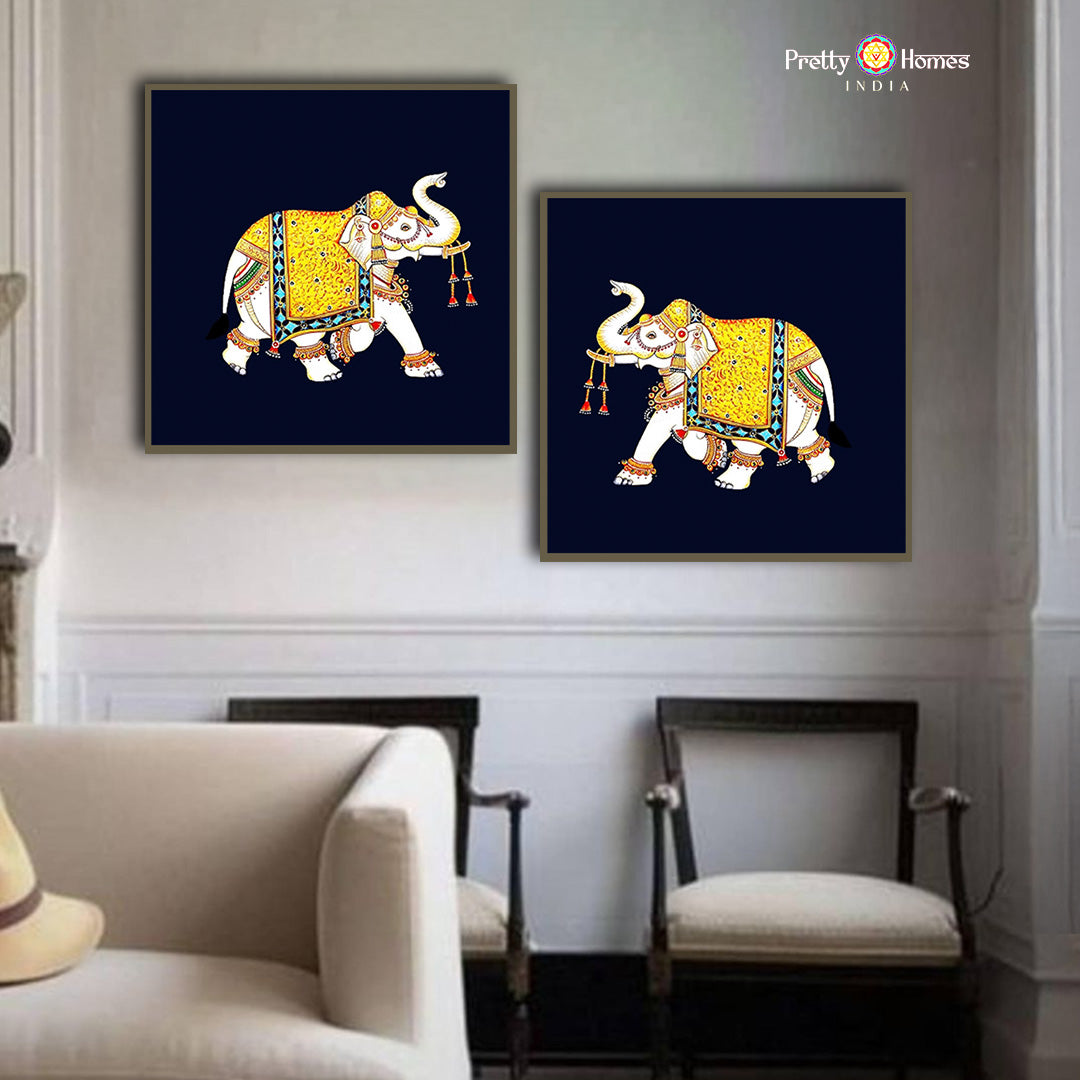 Small handpainted Pichwai trunk up elephant artwork full view