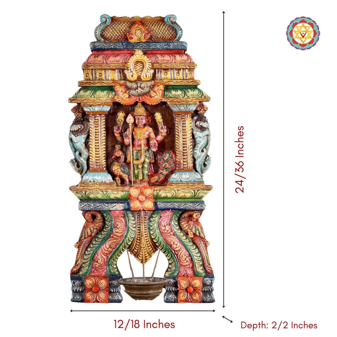 Wooden carved wall panel of Lord Murugan with peacock and kavadi frame with measurements