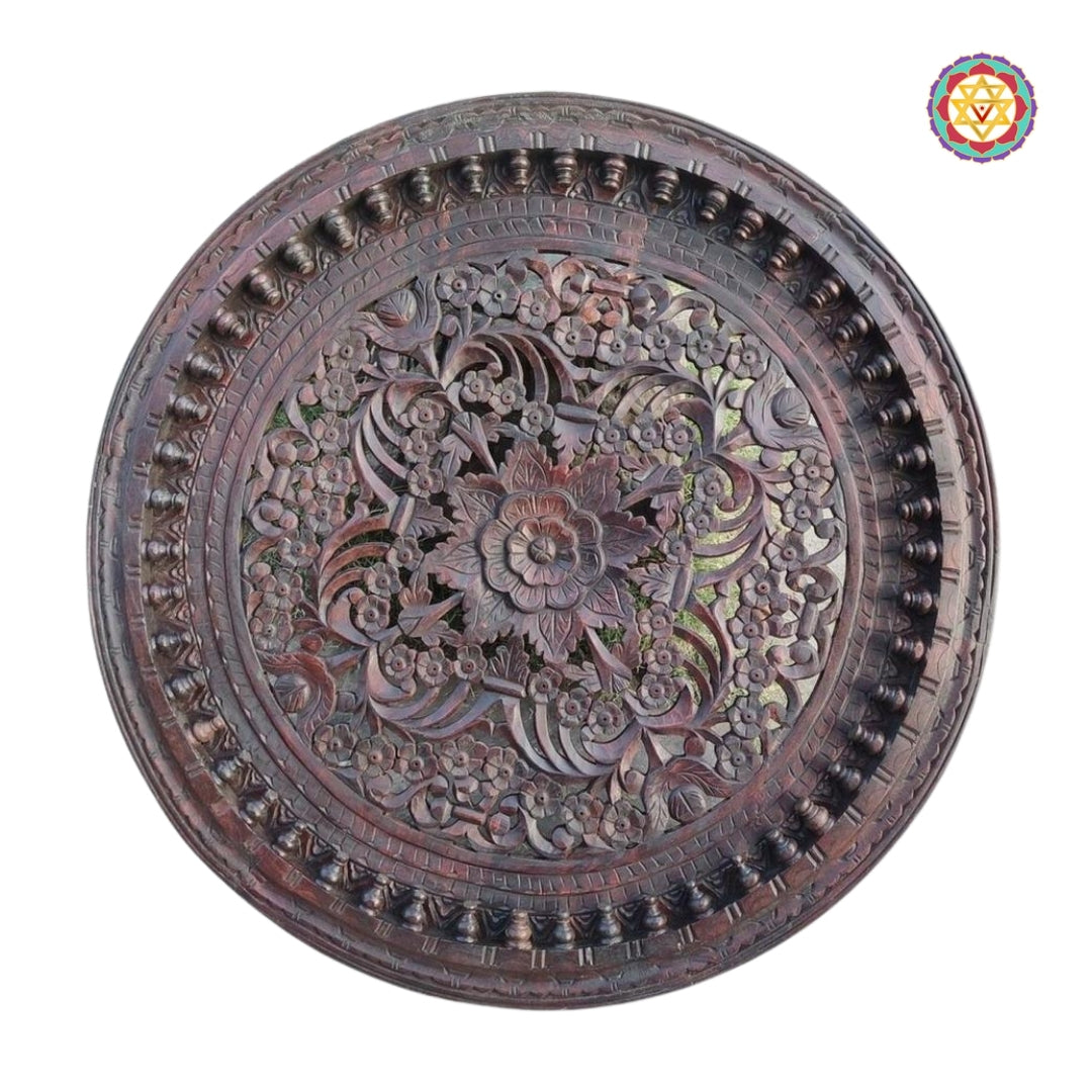 Rear view of wooden jali panel with metal mounting hooks