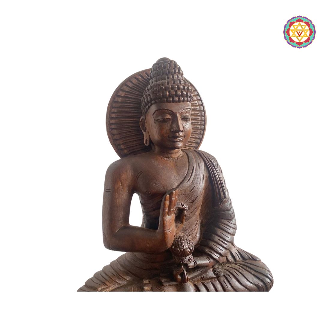 buddha wooden statue closeup serene expression carving