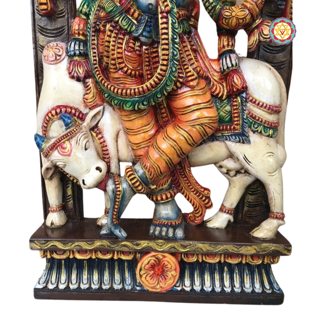 Wooden Hand Carved Lord Krishna Standing Under Canopy with Cow Statue