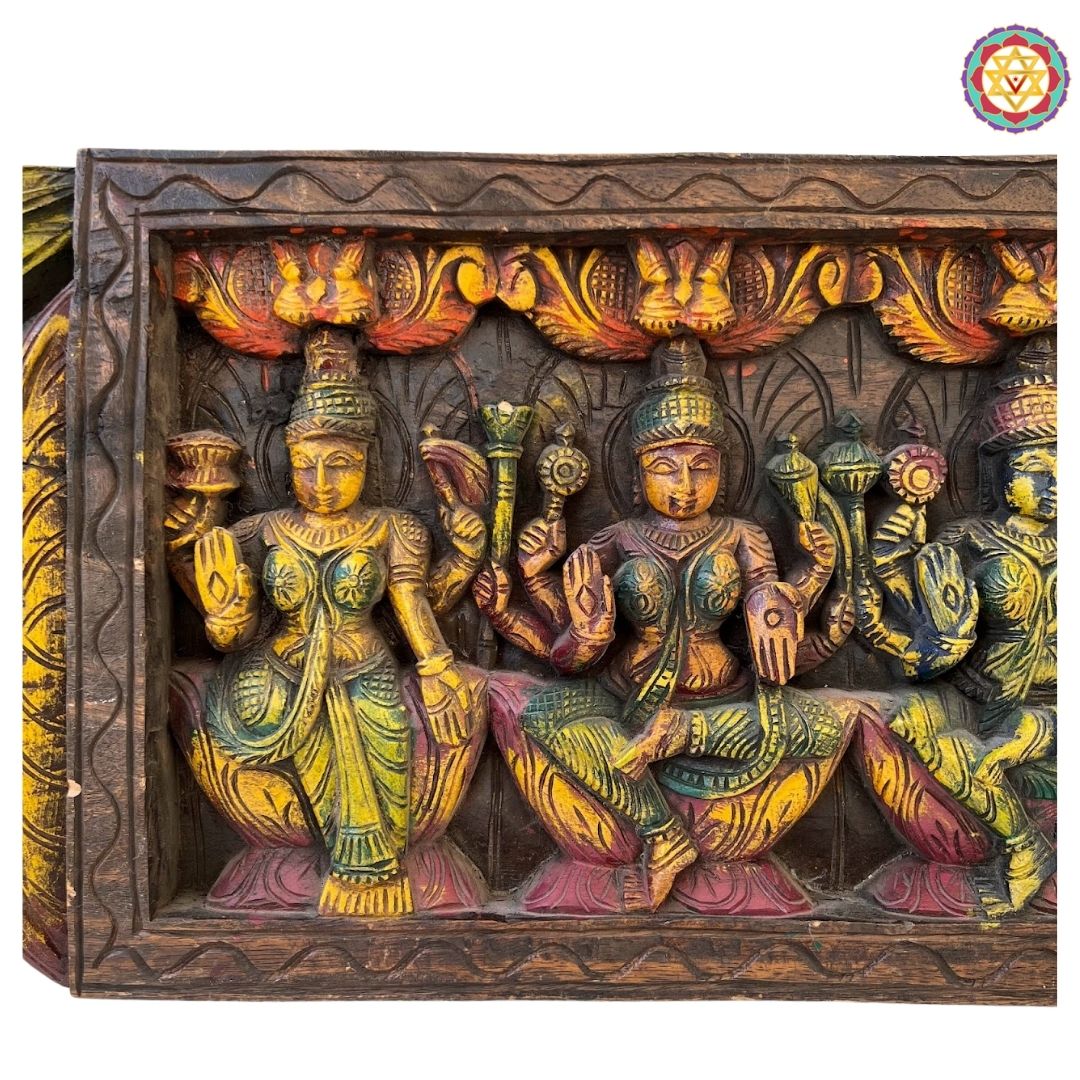 Intricately Carved Horizontal Ashtalakshmi Panel with Trunk-Up Elephants on Sides – Wall Mountable Divine Art