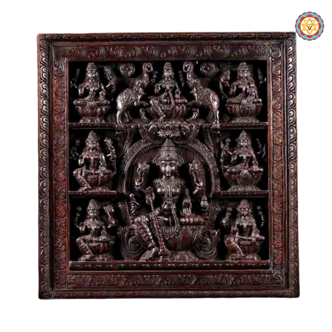 Square Astalaxmi Wall Panel /Wall Mount hanging .Handcarved on Wood.