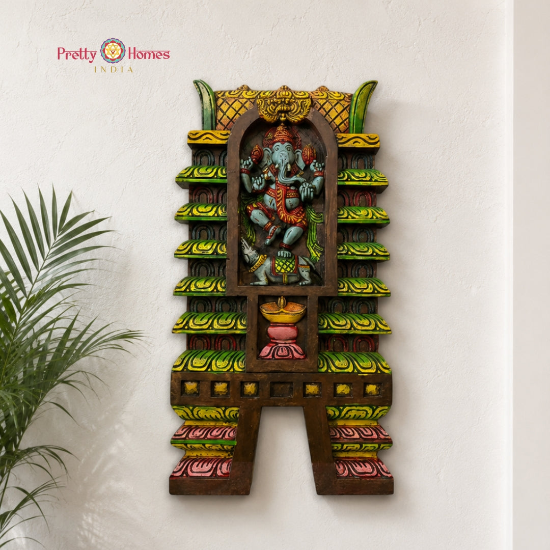 30” Mahogany Wood Dancing Ganesha Wall Hanging – Gopuram Style