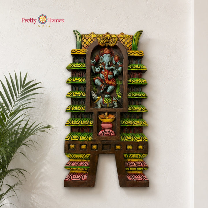 30” Mahogany Wood Dancing Ganesha Wall Hanging – Gopuram Style