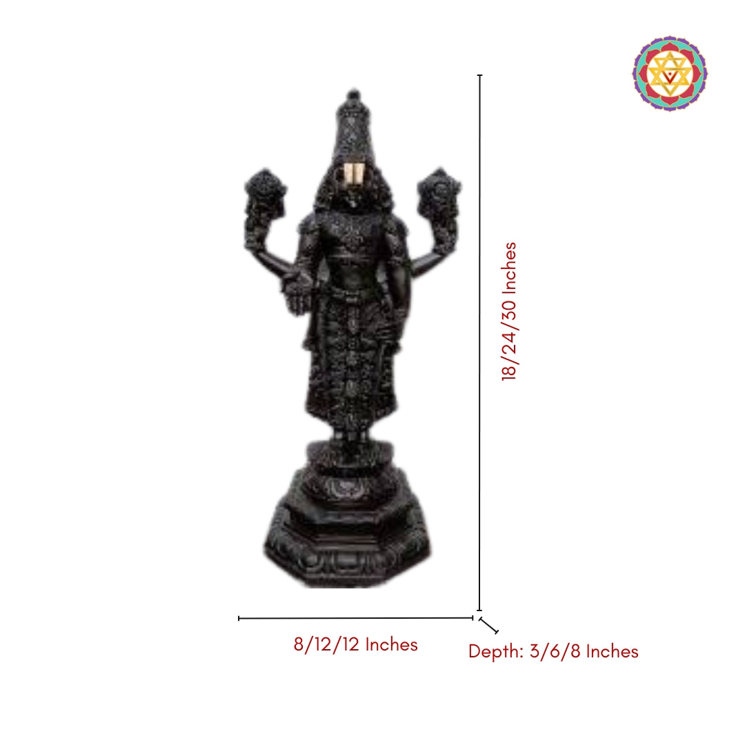 ornamental teak idol of tirupati balaji set against neutral backdrop