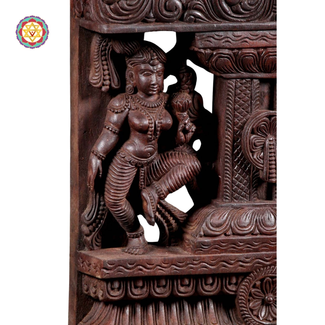 Wooden Hand Carved Lord Krishna Standing Under Canopy with Cow Statue