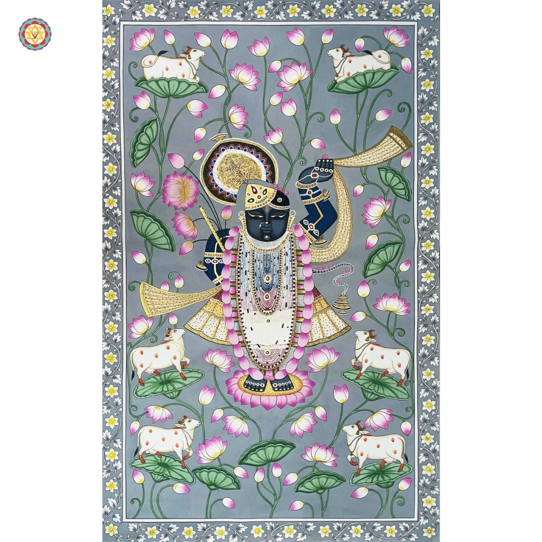 shrinathji pichwai painting with cows and lotus pond background