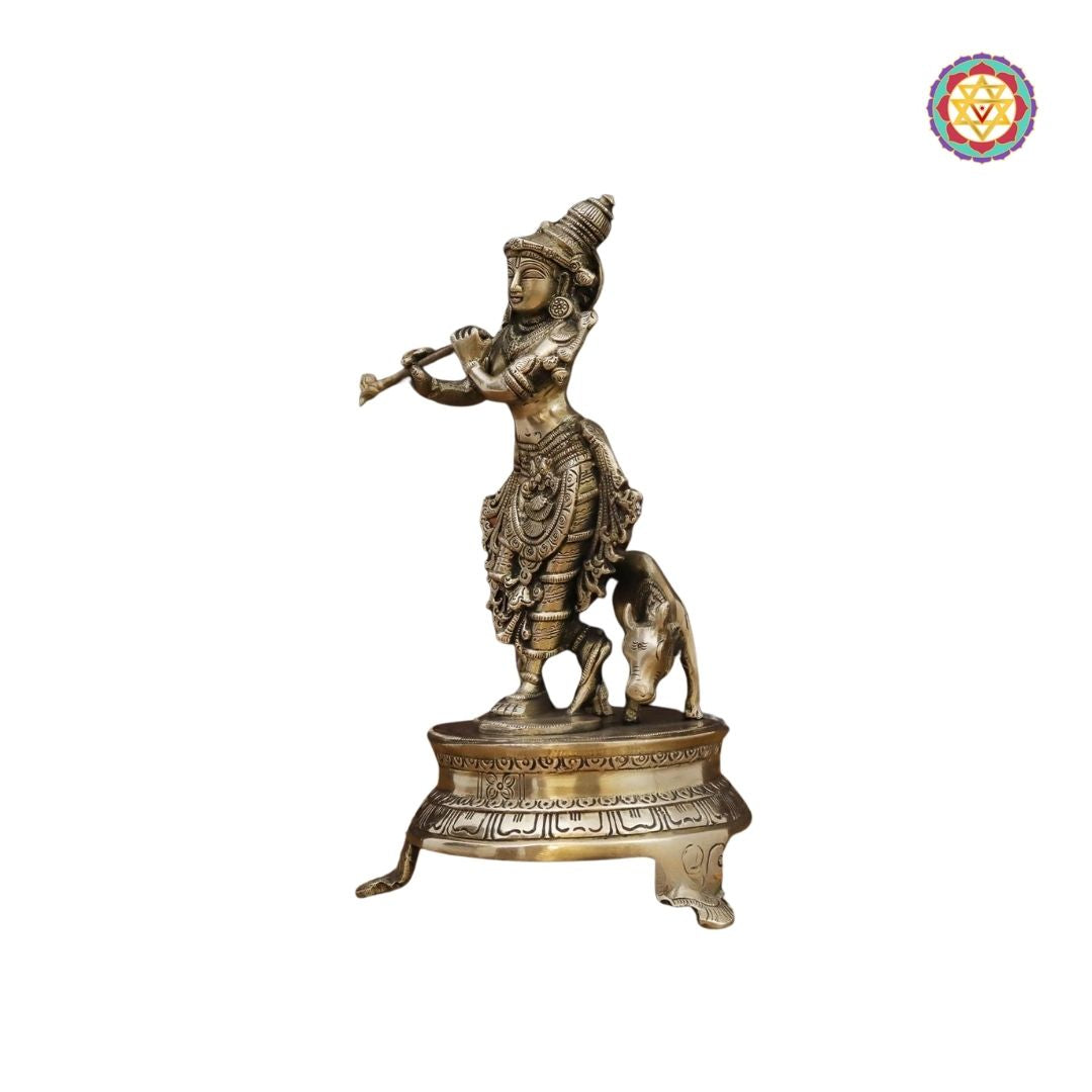 Brass Krishna Idol, Playing Flute Beside Cow, Golden Work, 11”