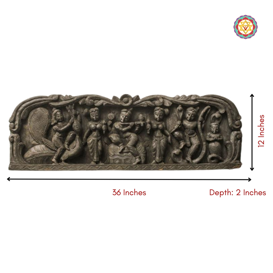 Krishna wooden wall hanging with dimensions displayed