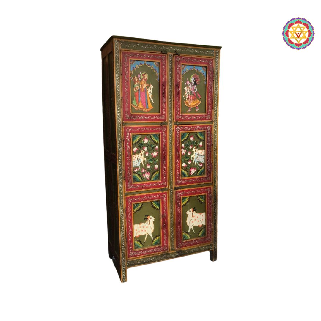 side view of vintage style hand-painted wooden cupboard