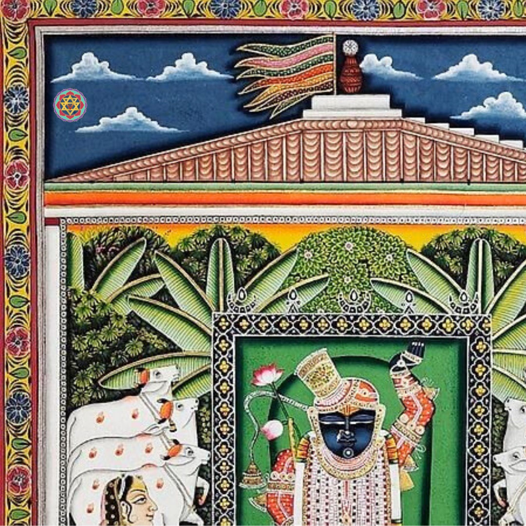 Traditional Pichwai Krishna painting with rich textile-like textures and vibrant symbols