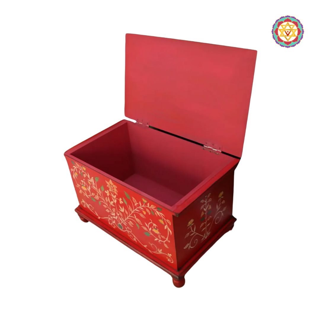 multi purpose wooden trunk used as coffee table with artistic hand painting