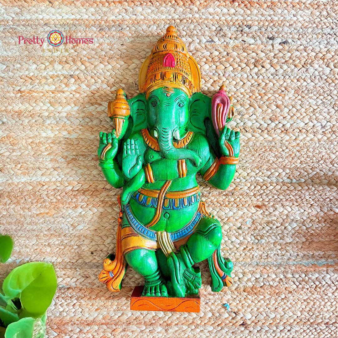 Multicolour dancing Ganesha handcarved wooden tabletop idol full view