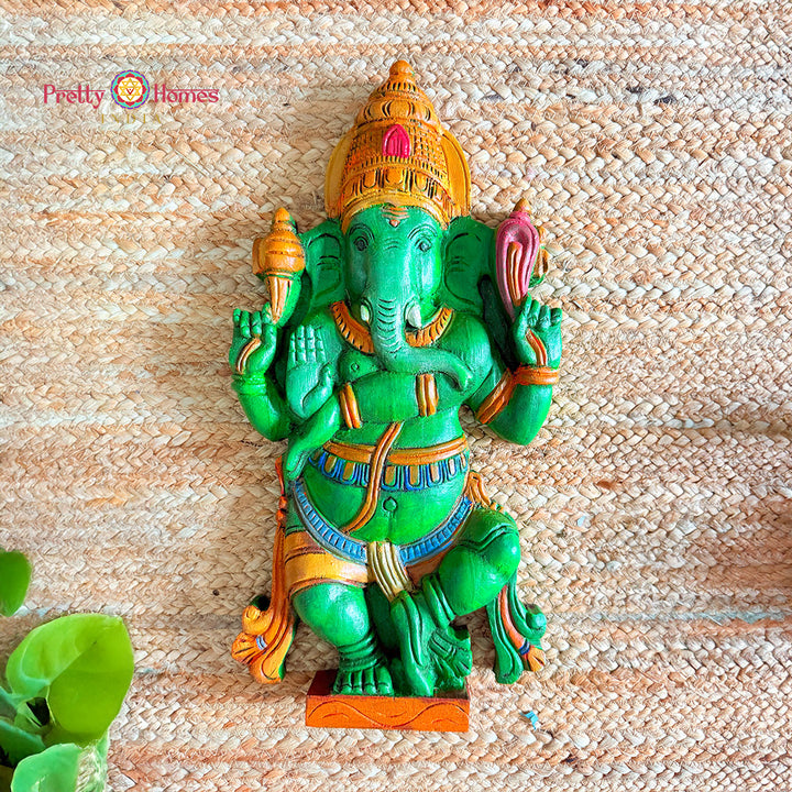 Multicolour Dancing Ganesha – Handcarved Wooden Tabletop Idol (single)
