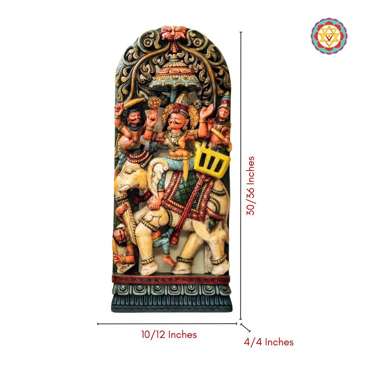 Size dimensions of Indra on Airavata wooden panel in multicolour finish