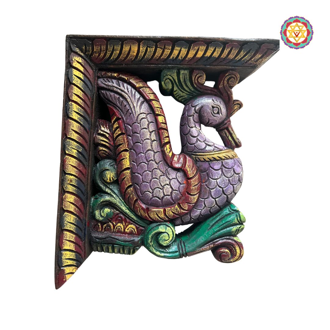 decorative wooden annam swan bracket shown installed as a pooja room accent