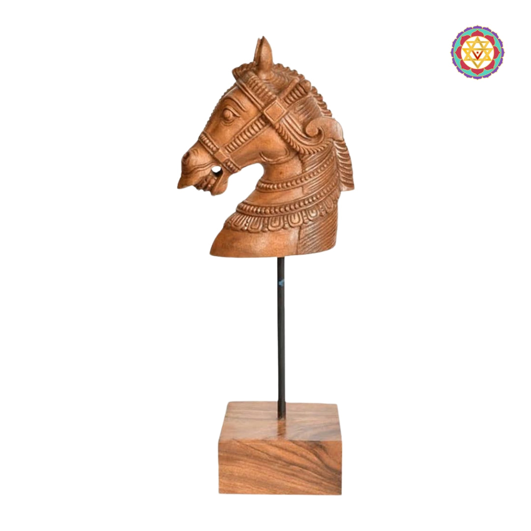 Side view of handcrafted wooden horse head sculpture for tabletop decor