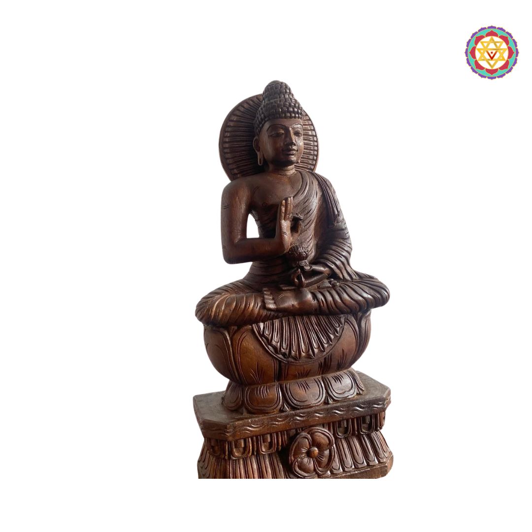woodcarved buddha sculpture detailed robe carving artwork