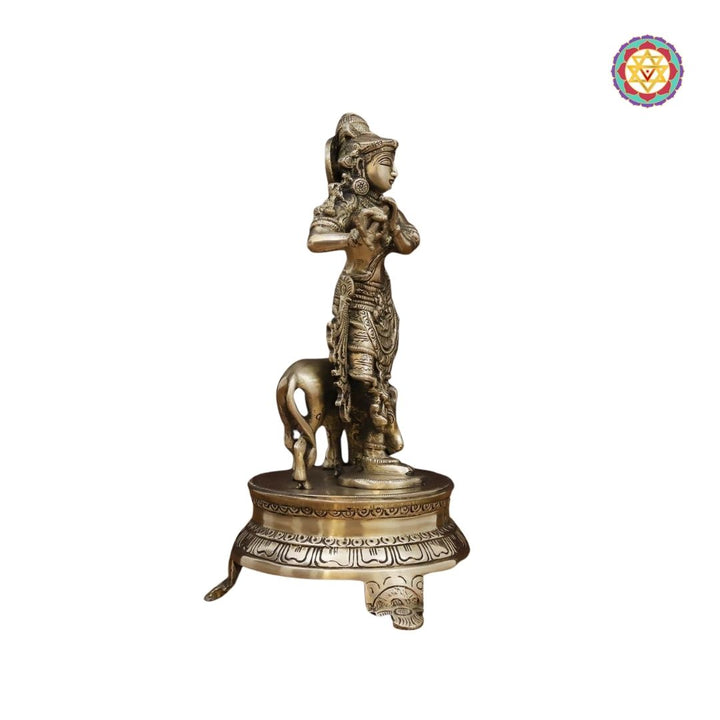 Brass Krishna Idol, Playing Flute Beside Cow, Golden Work, 11”