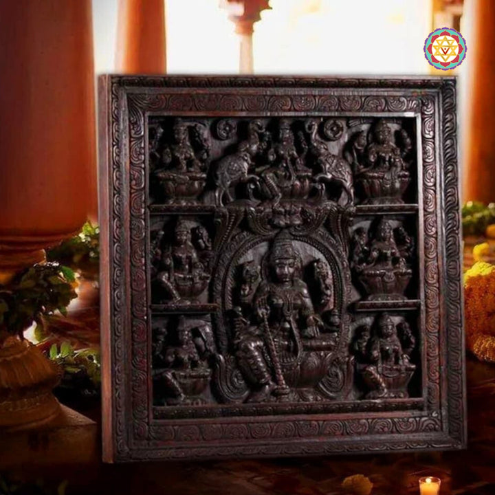 Square Astalaxmi Wall Panel /Wall Mount hanging .Handcarved on Wood.