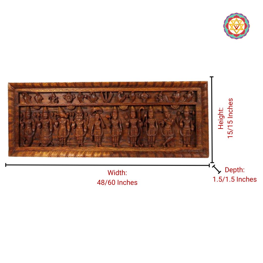 full shot of handcarved dasavtar panel featuring gandharvas and floral designs