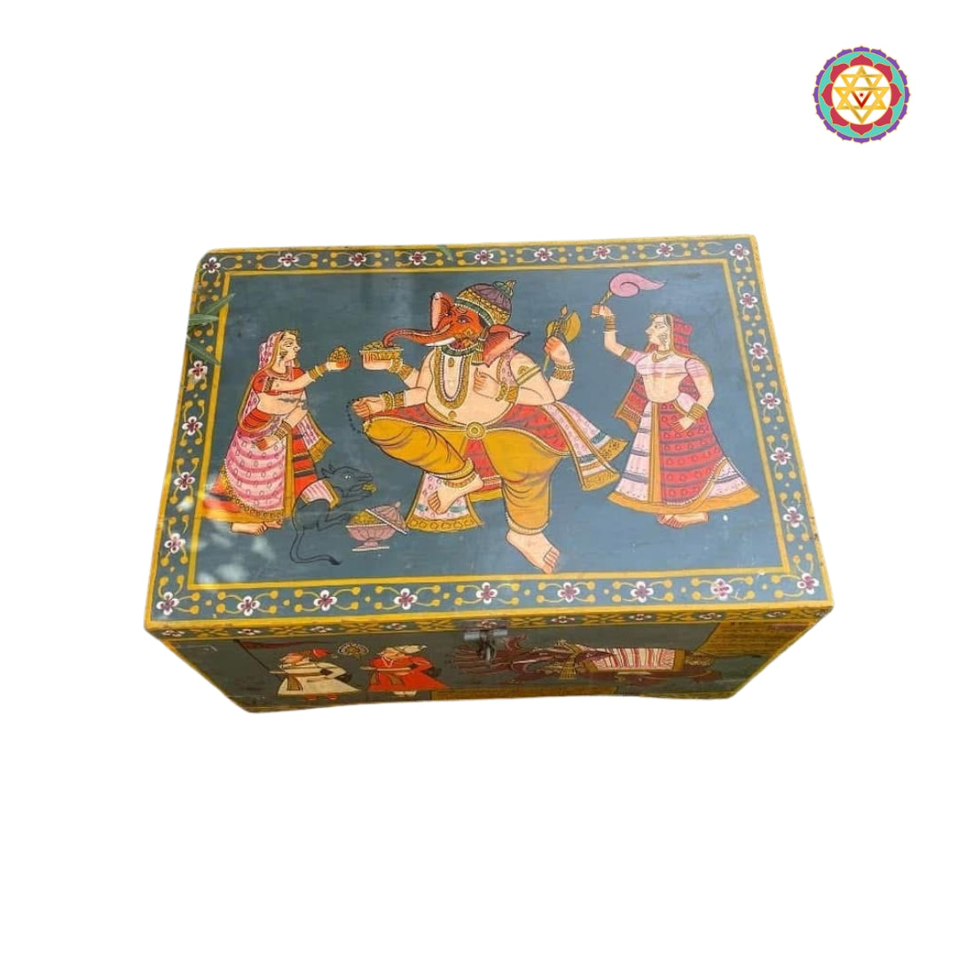 artisan painted wooden storage box trunk furniture with vintage indian art