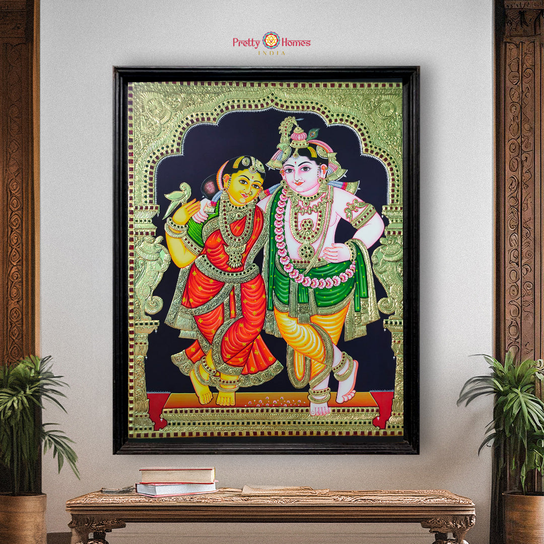 Handmade Tanjore Painting of Standing Krishna with Radha – Gold Work Devotional Fine Art for Sacred Interiors