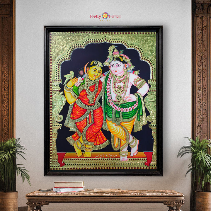 Handmade Tanjore Painting of Standing Krishna with Radha – Gold Work Devotional Fine Art for Sacred Interiors