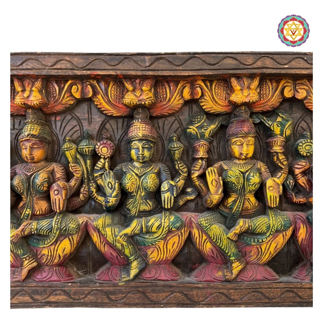 Intricately Carved Horizontal Ashtalakshmi Panel with Trunk-Up Elephants on Sides – Wall Mountable Divine Art