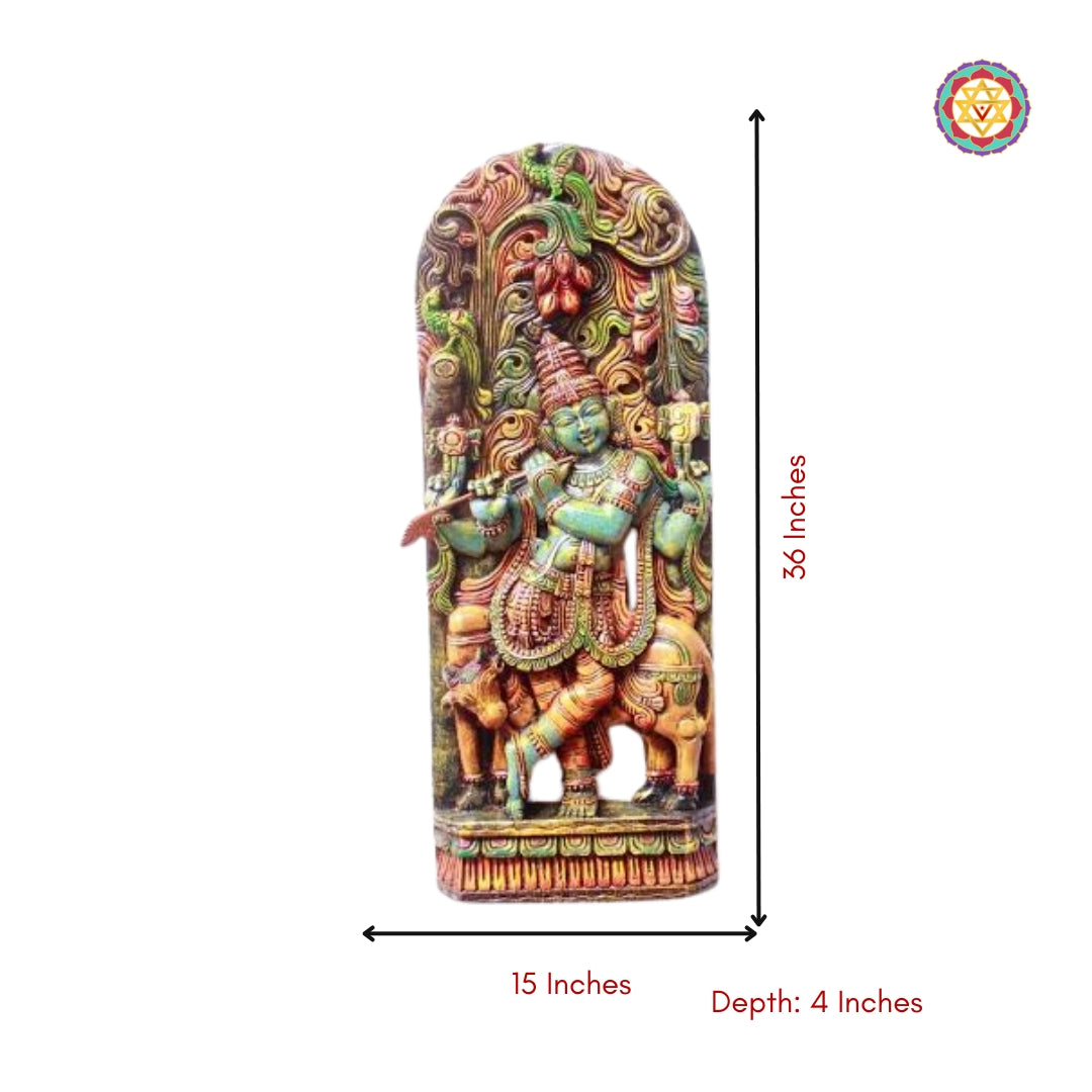 Wooden Hand Carved Lord Krishna Standing Under Canopy with Cow Statue