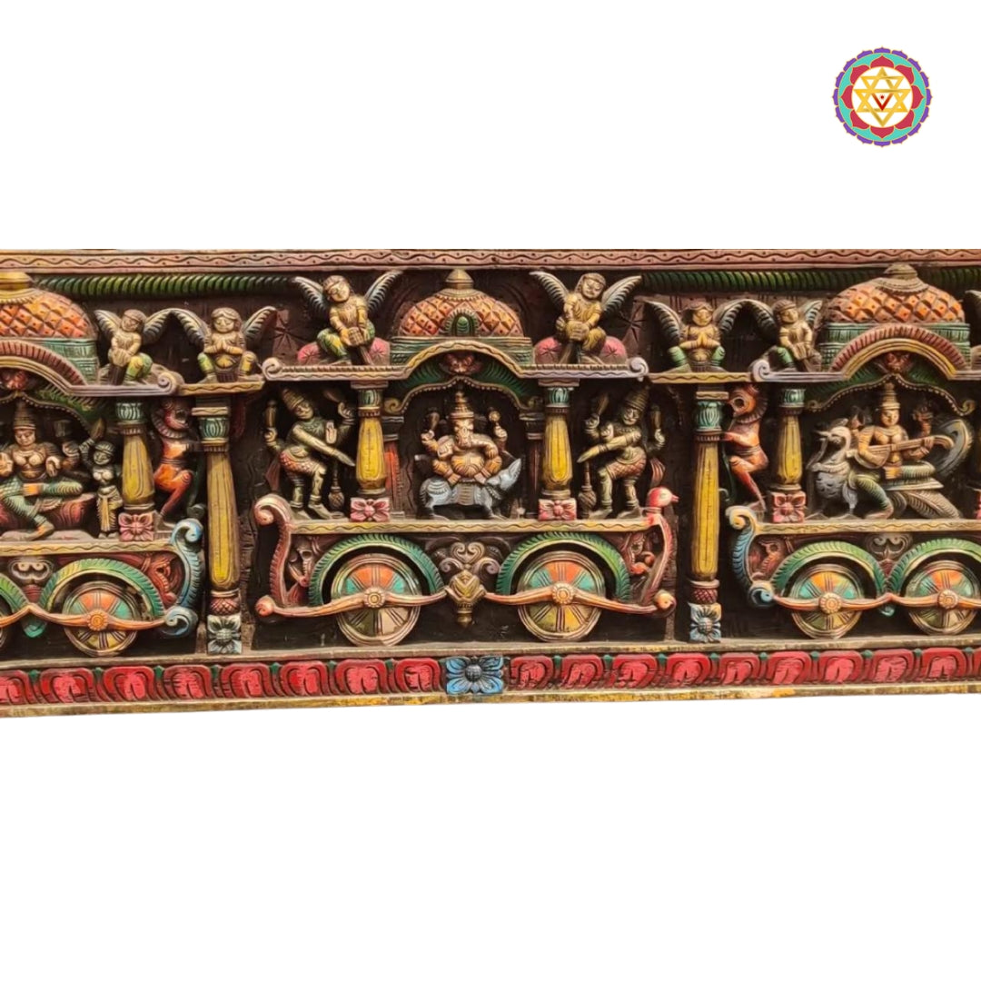 Exotic Wood Carved Ganesh,Laxmi & Saraswati on chariot -decorative wall panel