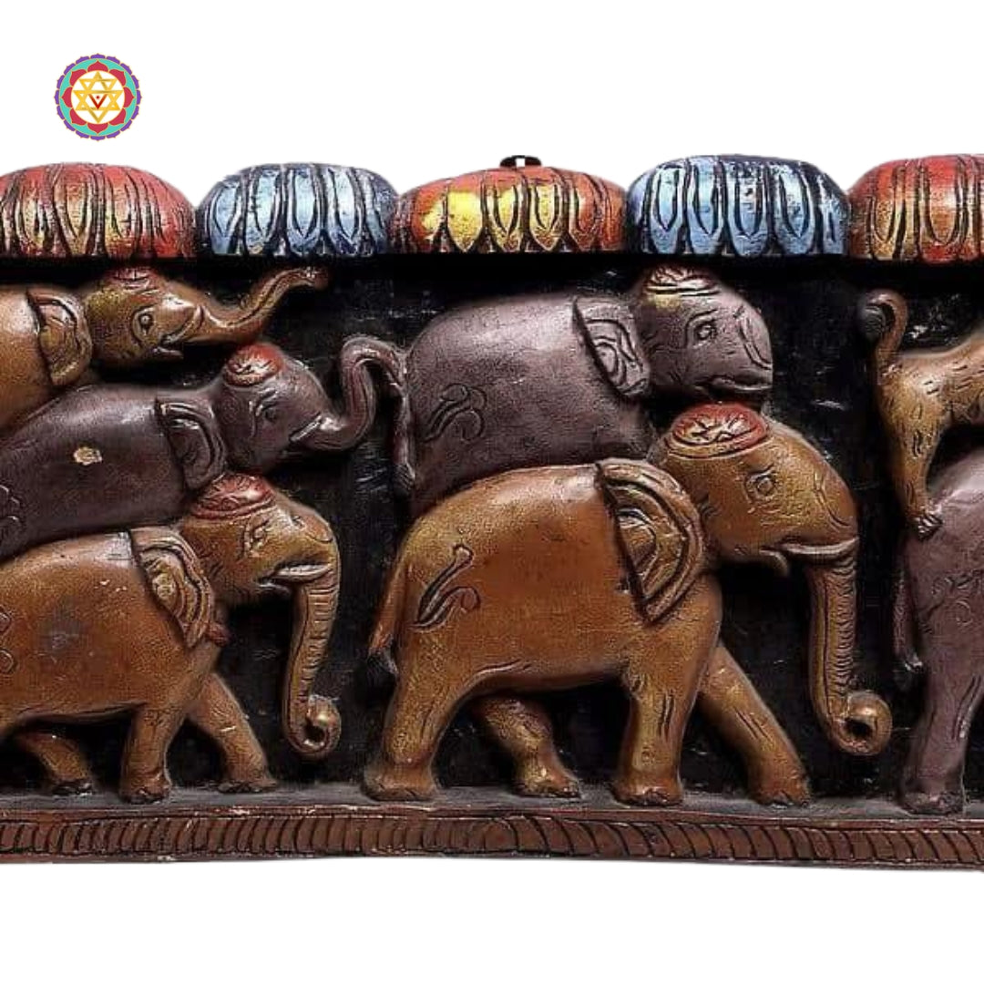 Wood carved elephant wall panel in multicolour finish