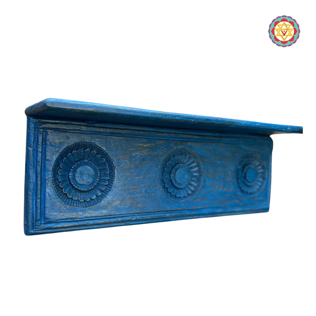 Wood Blue Carved Shelf. Wall floating shelf