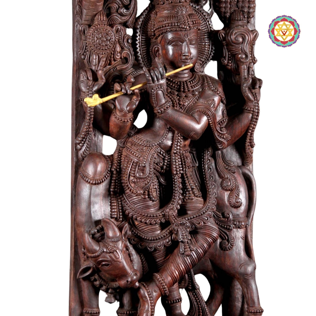 Wooden Hand Carved Lord Krishna Standing Under Canopy with Cow Statue