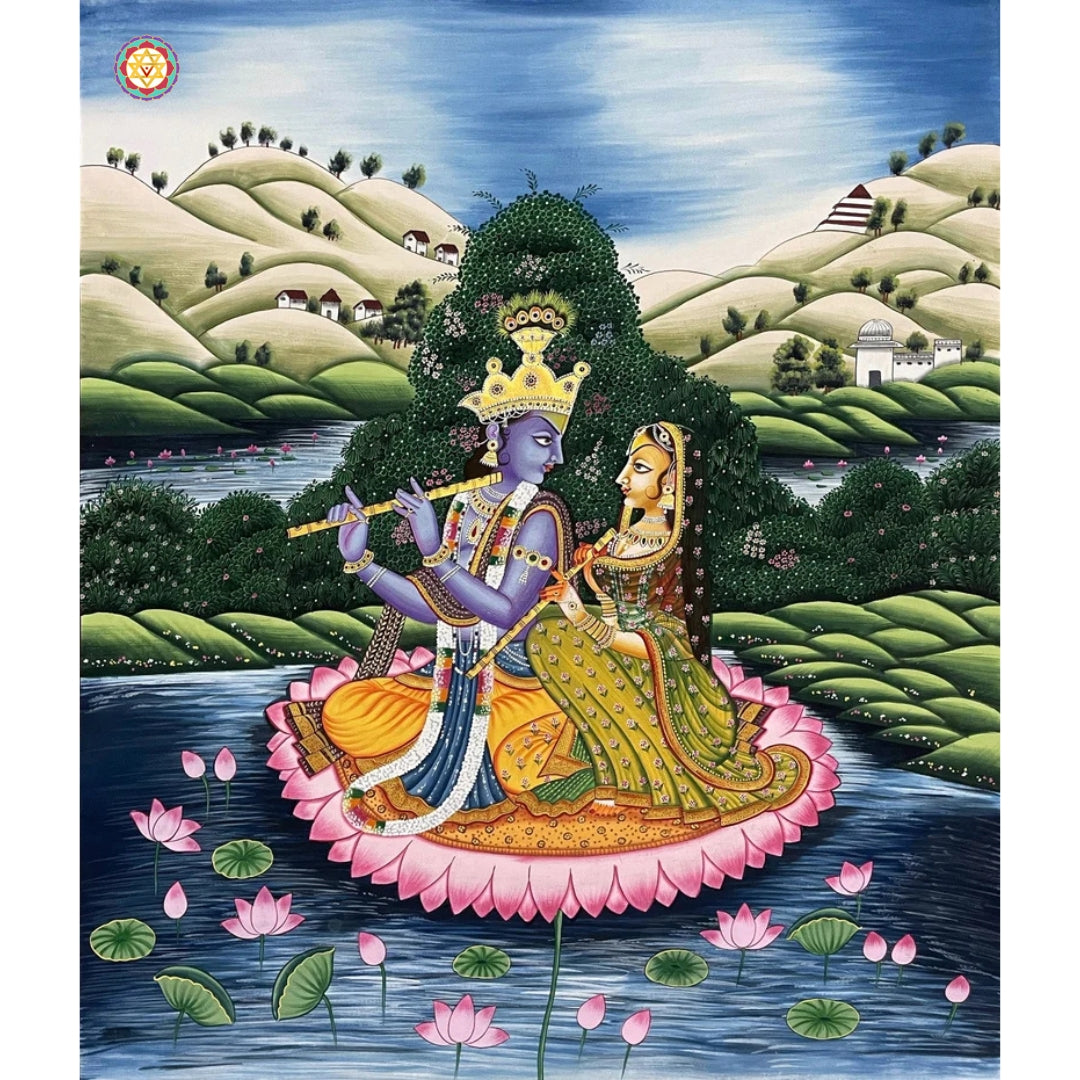 radha krishna pichwai painting in garden background with detailed art