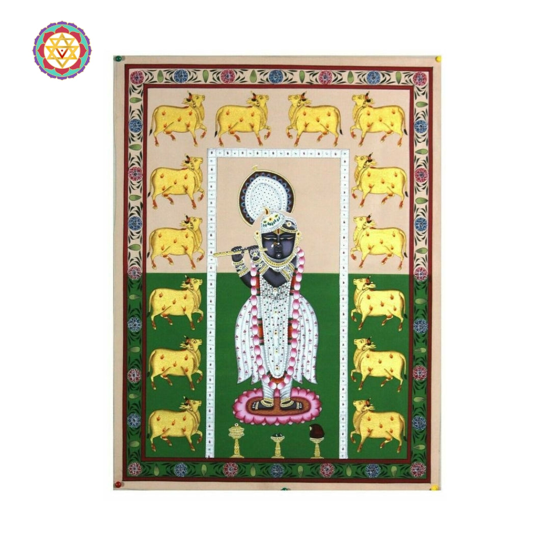 Colorful Pichwai mural depicting Krishna’s joyous moments with gopis and cowherds in lively outdoor scene