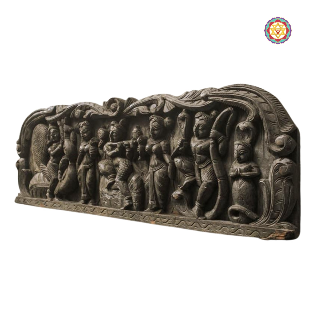 Right-side perspective of Krishna and cow wood panel

