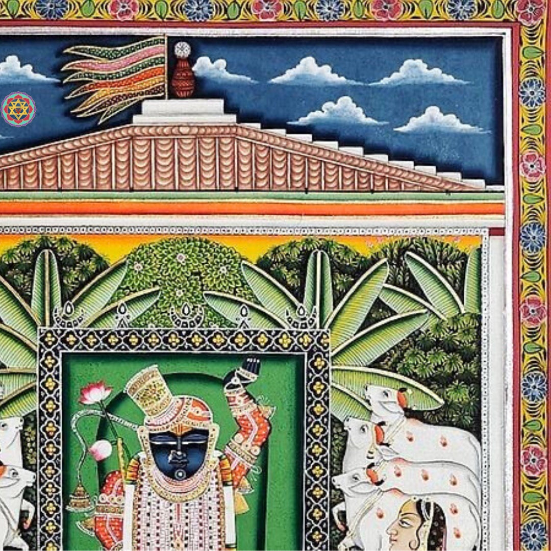 Artistic rendition of Kamdhenu cow with calf in auspicious Pichwai style