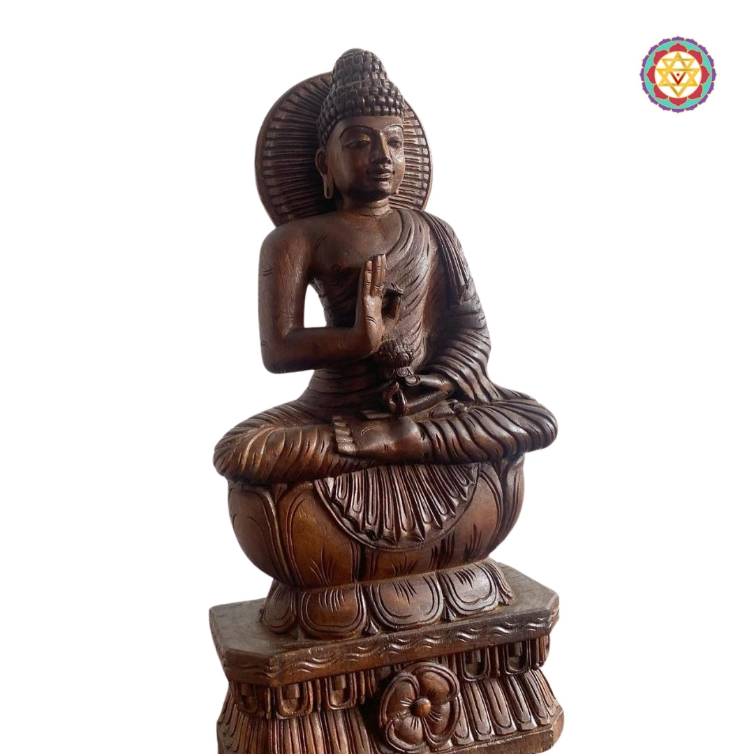 buddha statue with intricate wooden carving and smooth finish